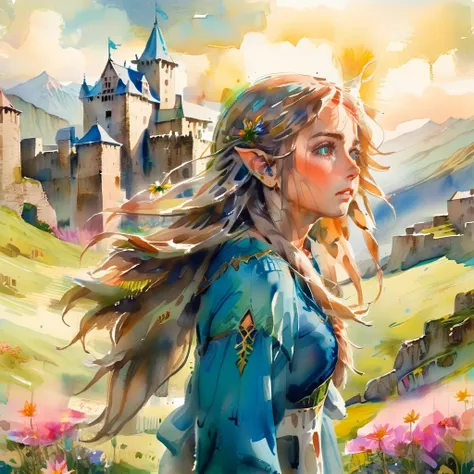 beautiful elf girl, standing alone, Long blown hair, gorgeous eyes, pointy ear, elf clothes, (Wind effect:1.2), Watercolor painting, Arte de Carne Griffiths, medieval castle background, clouds, mountainscape, sunlight penetrating through clouds, Cosmos flo...