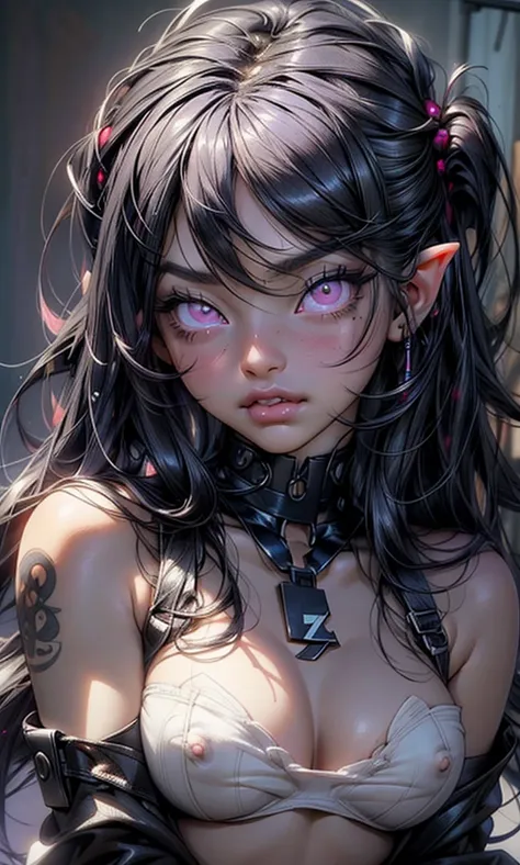 NSFW, Ultra, high resolution, 1girl, solo, black hair, straight hair, long hair, ((purple eyes)), glowing eyes, sultry eyes, juicy lips, plump lips, glossy lips, soft blush, dolly face, eyelashes, eyeliner, large breasts, pale skin, elf ears, ((naked)), cl...