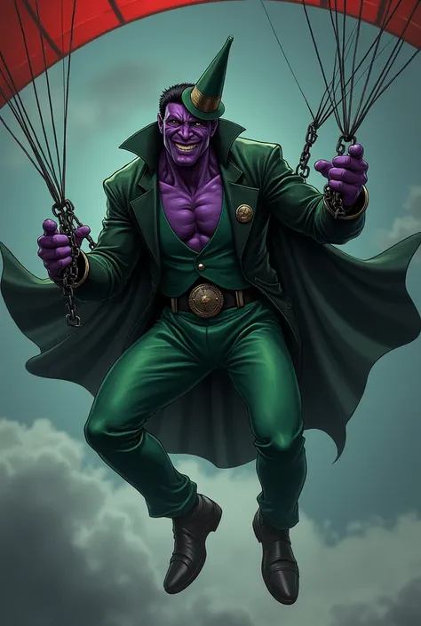 A DC comics style super villain, Gobil, is flying on a paraglider. He has a muscular yet slender build, with purple skin, a green suit, and a pointed hat. His eyes are wild and he has an evil grin. He wears chains on his hands. The image is dark and moody