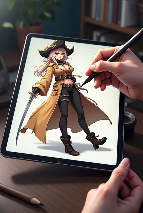 Make it seem like Im drawing a digital fan art of beidou from genshin impact on an iPad with stylus in my hand. Only hand and the screen with the drawing is visible 