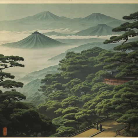 A Japanese misty forest from the Edo period. during the day