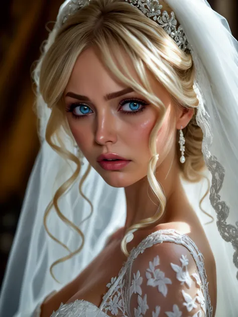 create a hyper-detailed photograph of a crying  bride , young and sexy, helena the bride, incredibly perfect beautiful face, per...