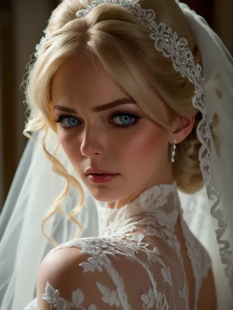 create a hyper-detailed photograph of a crying  bride , young and sexy, helena the bride, incredibly perfect beautiful face, per...