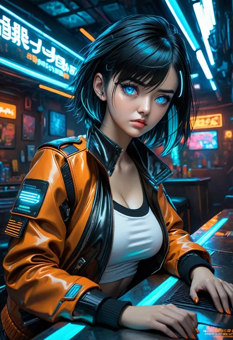 illustration, detailed illustration, ultra detailed, dynamic angle, cyberpunk, 30 year old woman, medium black hair, hair with cyan streaks, mismatched eyes, cybernetic eye, blue eye, lean, medium breasts, black leather top, orange leather jacket, tired ex...