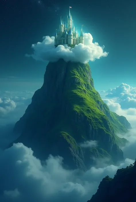 make a big green mountain mixed with a cloud castle in the night sky