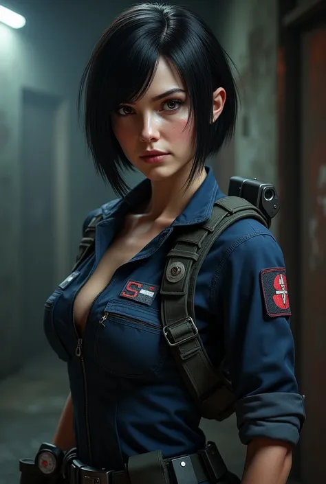 Megan Fox with short black hair at neck level, straight, dressed as Jill Valentine from Resident Evil