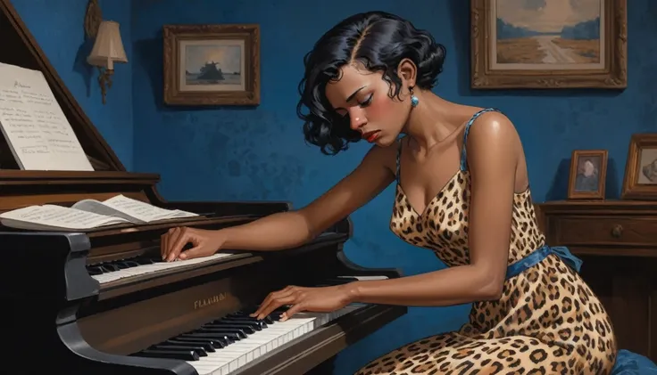 Robert Johnson, Perseverance, Alabama Bar, Blue Note, Charming , Leopard print dress, illustration, black fantasy,  woman, Sad ending, pianist