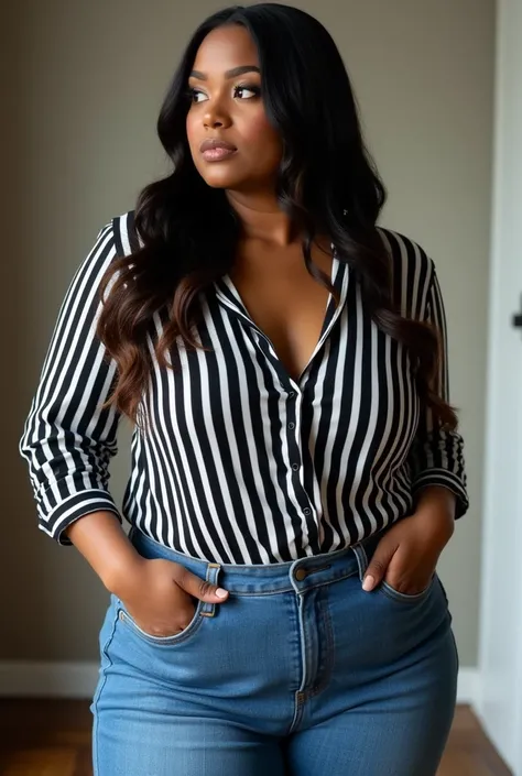 A plus size woman wearing a black and white striped blouse and jeans, Black woman with long straight black hair with brown tips.