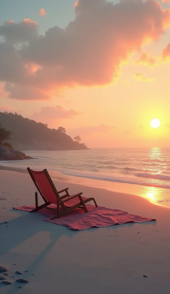 A peaceful beach at sunset with gentle waves and a bonfire in the distance. A couple of empty beach chairs or a blanket on the sand, with no people in sight, perfect for solitude and reflection