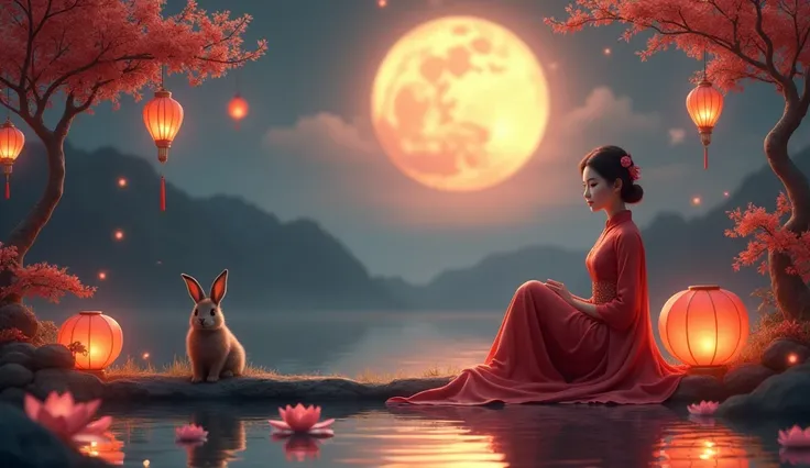 A beautiful young woman in a traditional red hanfu sits serenely beside a tranquil pond, illuminated by the soft glow of paper lanterns. A large, harvest moon hangs low in the sky, casting a magical ambiance over the scene. A fluffy brown rabbit sits besid...