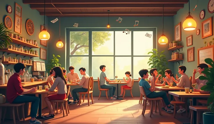 An animated cafe interior with music notes floating around, featuring a relaxing atmosphere. Text reads "Ultimate Lofi Experience!"