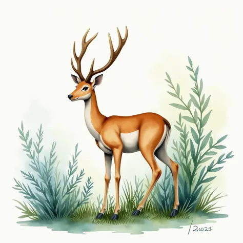 art, water colour, Pampas deer - Ozotoceros bezoarticus,