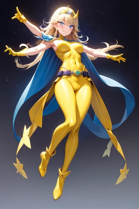 ((best quality)), ((masterpiece)), (detailed), 1 girl, Full body, 1, Smiling face, Blue eyes, Star-shaped tiara, Arms outstretched, Arms behind waist, Blue superhero mask, Blushing, Blonde hair, Straight hair, Long hair, Bangs, Hair ornaments, Star hair or...