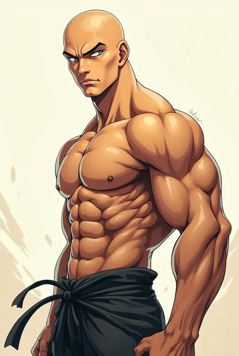 A muscular man with a bald head and a slim body in form of anime
