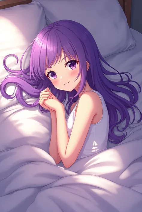 Create an anime style artwork of a young white girl with long hair and purple eyes, no clothing,  lying on a bed