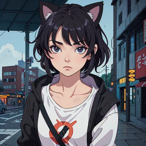 cat girl, with cat ears, short black hair, with rain and relaxing, listening to music, com roupa preta, in a city chuvosa, with black clothes and darker colors, with black clothes and darker colors, with black clothes and darker colors, darker colors in th...