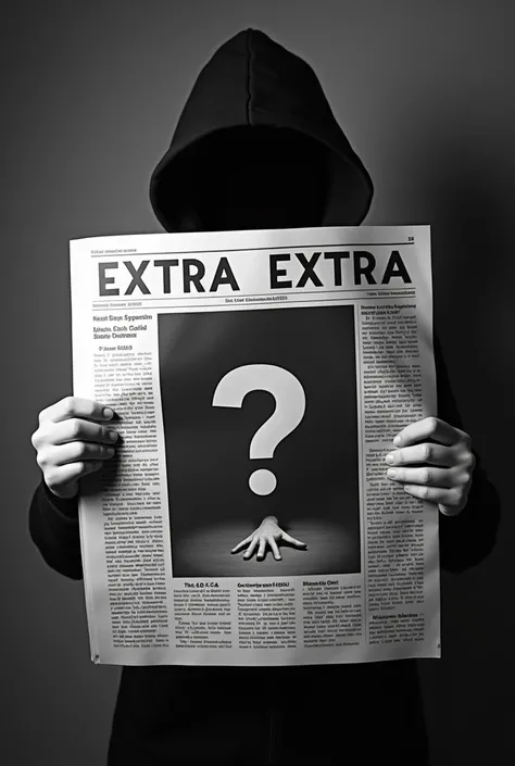 crea un periódico en blanco y negro donde el Titulo principal de la portada diga "Extra Extra" and the cover is a question mark with a hand lying on the floor that generates mystery and the title below it says "q.p.c.c" And a person is holding that newspap...