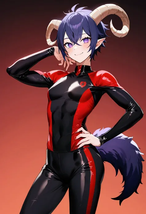 Wolf fur(Red color y negro), red devil&#39;s tail, teenager(athletic), tight clothes(black color), musculino(teenager), ram horns(Red color),Alone (Posing), Violet Wolf Eyes, smile(saca la lengua mientras smile).