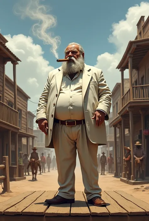 Wild West, fat old Town Major with Maustage in White Smoking 
