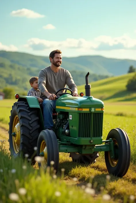 Photo of a young dad with his son driving a nice tractor in a field and looking realistic