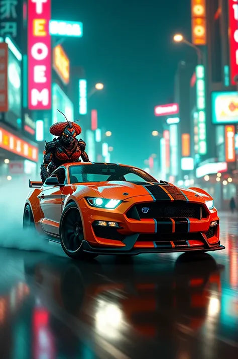 Gt 350 in neon city with teal, orange, blue neon lights riding by a ant in transformer outfit with turban 