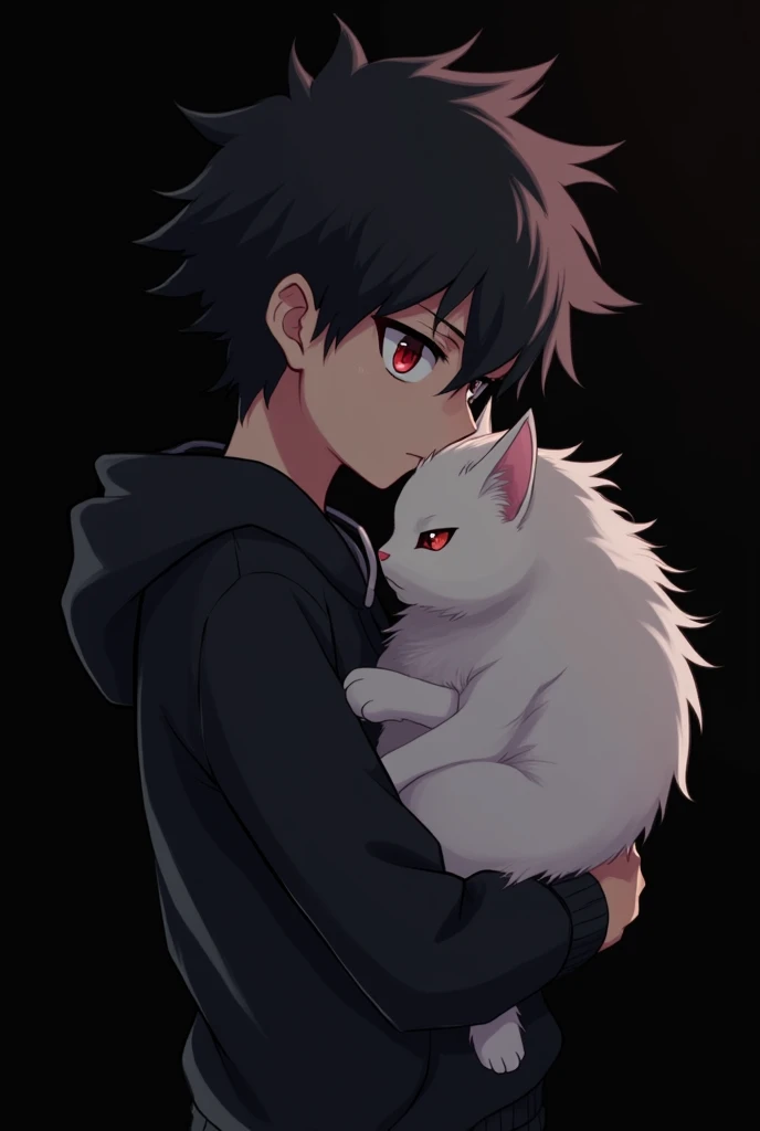 Anime boy , Spiky hair , black hair , black hoodie , red eyes , narrowed eye , carrying a white fluffy cat , blank black background , side view , standing 