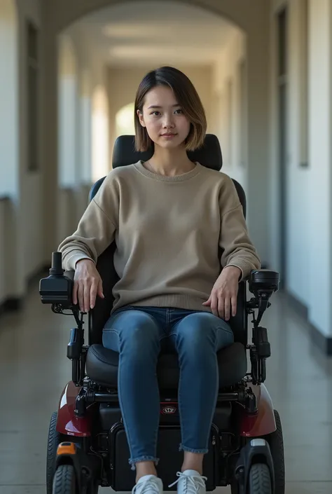 Young white woman sitting in power wheelchair. She has short hair. She uses a chin controls to control the wheelchair. 