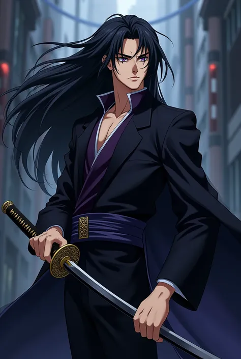 Male anime character with long black hair, purple eyes and a katana who lived in the 2000s