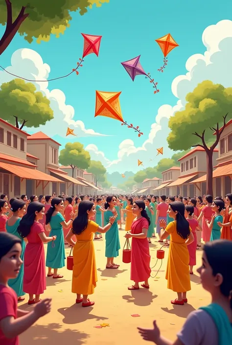 Makar sankranti festival in Maharashtra cartoon people wearing sarees and kurtas