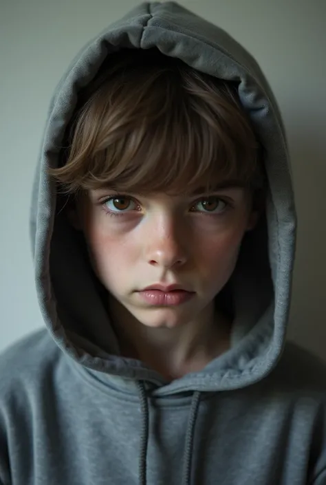 teenage boy, Russian ethnicity, eyes browns, wearing a gray sweatshirt, wearing a gray hood on his head, with bangs covering a little of the face, with a face without facial expression. higher quality// best result//.