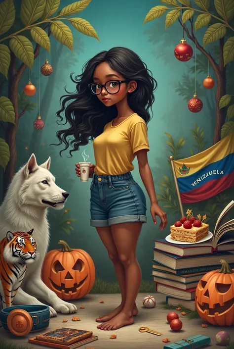 An image of a  girl with dark skin, semi wavy hair, short stature and wide thighs and wearing glasses with a cold coffee in her hand one wolf, tiger the flag of Venezuela Christmas and Halloween with books and headphones a lasagna and another girl with whi...