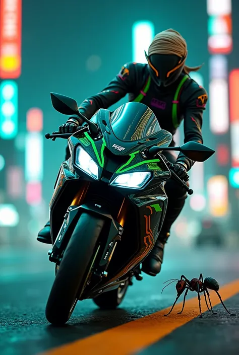 Kawasaki ninja h2r motorbike riding
 in neon city with teal, orange, blue neon lights riding by a ant in transformer outfit with turban 