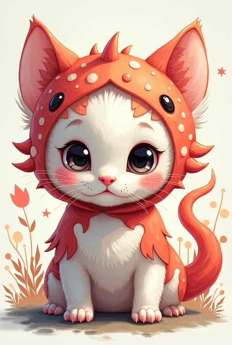 Cute kitten in axolotl costume drawing with bright colors