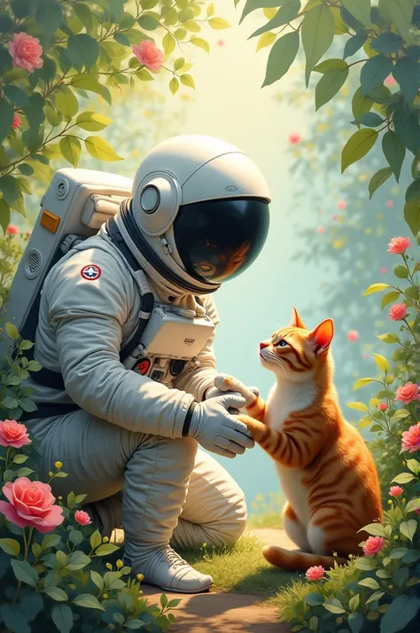 Astronaut petting a cat, Digital watercolor Illustration of a summerscape, leaves and flowers, by Cezanne, Carne Griffiths, Minjae Lee, Ana Paula Hoppe, Stylized watercolor art, Intricate, Complex contrast, HDR, Sharp, soft Cinematic Volumetric lighting, f...