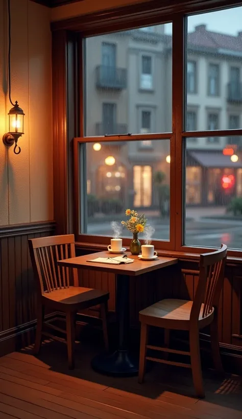 A small, cozy coffee shop with wooden floors and soft amber lighting that casts warm shadows on the walls. The air is filled with the rich aroma of freshly brewed coffee. A corner table by a large window shows raindrops gently streaking down the glass, whi...