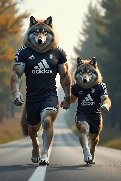 Wolf and its cub are walking on the road the body of wolf and its cub is very muscular and their wearing the shirt of Adidas 