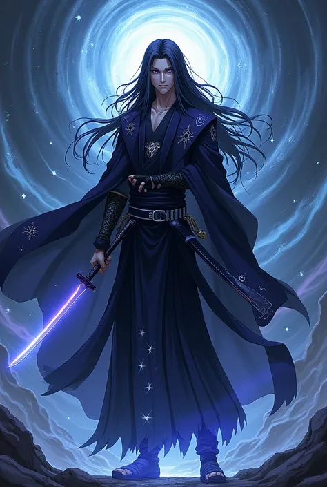 Male anime character with long black hair, purple eyes and a katana jujutsu Sorcerer