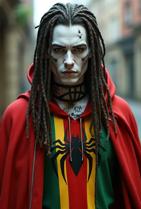 white rastafarian spider man with red clothes, green and yellow