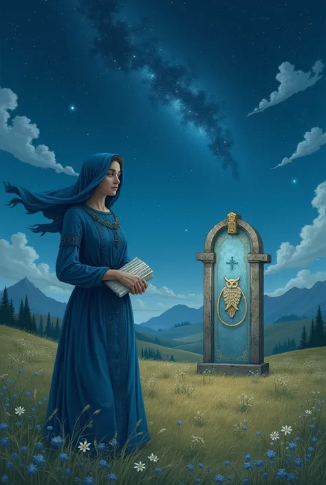 A young woman in a blue dress and tunic covering her head, with a bundle of sheets in his hand, in a meadow full of grasslands, gramineas, hills and mountains that blurred into the background, some trees, of forest. The starry sky and the windy weather. In...