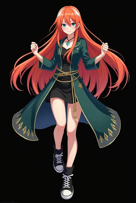 A full body image of an  child, personagem do anime "JUJUTSU KAİSEN", she is very beautiful, with long, straight, fire-colored hair with two white streaks highlighted in the front, framing your face. She has blue-green eyes and pale skin.. she is a Wiccan,...