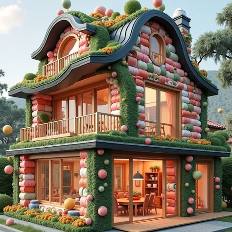 ((masterpiece, 8k, best quality, 8k, super realistic, high resolution:1.3)), realistic house, 2 storey house, 2 meter house, house made of sushi, sushi world, Sashimi in a frying pan, chimney coming out eggs, wasabi world, I cook a lot of rice, walls built...