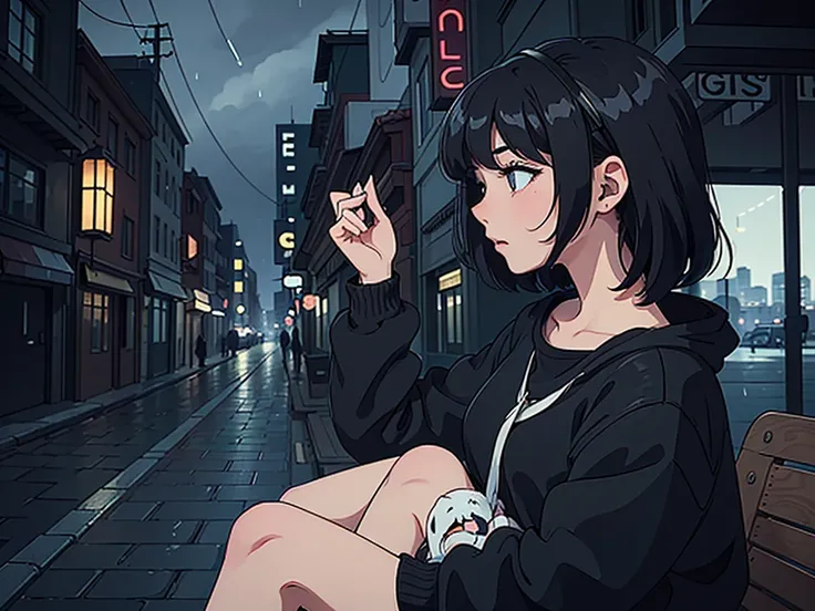 a girl with short black hair and cat ears, wearing dark clothes, in a rainy and calm city, with a relaxing atmosphere. she is a ...