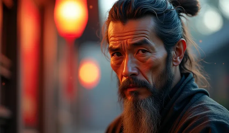 ancient asian man looking directly at the camera, not at the center, clear facial features, bright colors, light particles, with bright light, Mushhiv, wallpaper art, UHD wallpapers, vivid atmosphere, near a house ancient village