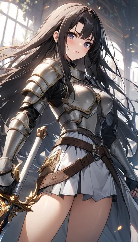 ultra-high definition image quality、beautiful girl、female warrior、female swordsman、light armor、silver boots、long hair、knight&#39...