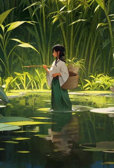 Scene 1: Morning at the Fish Pond Image Description: A large fish pond with calm and clear water surrounded by green trees.. In the distance, Mr. Darma stands on the edge of the pond with a bamboo basket in his hand., ready to start the day. Beside him, sa...