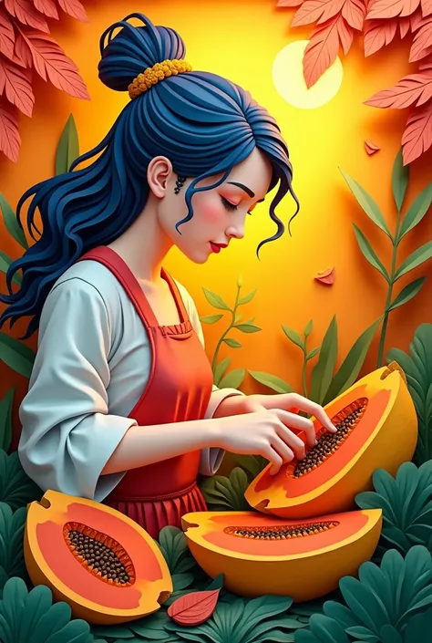 A woman cutting papaya ,  masterpiece, all in three dimensional paper art、(Almond Shapes);1.9、(Three-dimensional paper-cut art.、colorful):1.9
