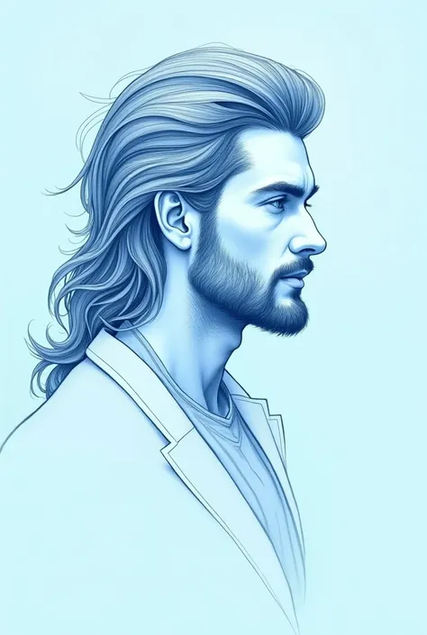 creates the image of a man in profile with hair and beard in the fine line style in light blue