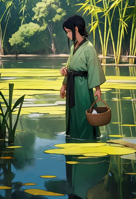 Scene 1: Morning at the Fish Pond Image Description: A large fish pond with calm and clear water surrounded by green trees.. In the distance, Mr. Darma stands on the edge of the pond with a bamboo basket in his hand., ready to start the day. Beside him, sa...