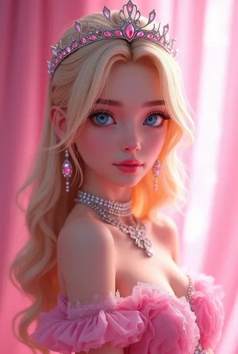 1 girl,sao, blue eye,blush,perfect lighting,trunk,3DMM,hair blonde,long hair,jewerly,pink gradient background,pink dress,aretes,pink dress,realisitic,necklase,looking ahead at viewer,tiara,pink lips,drlight smile,engine unreal,side lighting,face detailed,b...