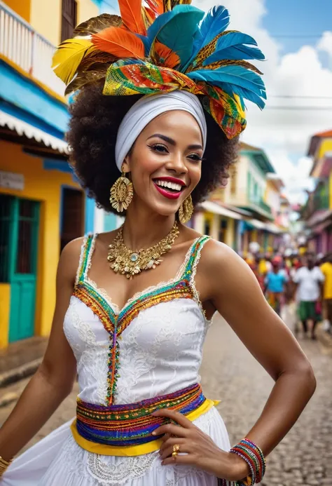 A beautiful Afro-Brazilian woman from Bahia standing in a vibrant street during Carnival. She has rich dark skin, wearing traditional Bahian clothing—a white lace dress, a colorful headwrap, and gold jewelry. Her expression is joyful, radiating confidence ...